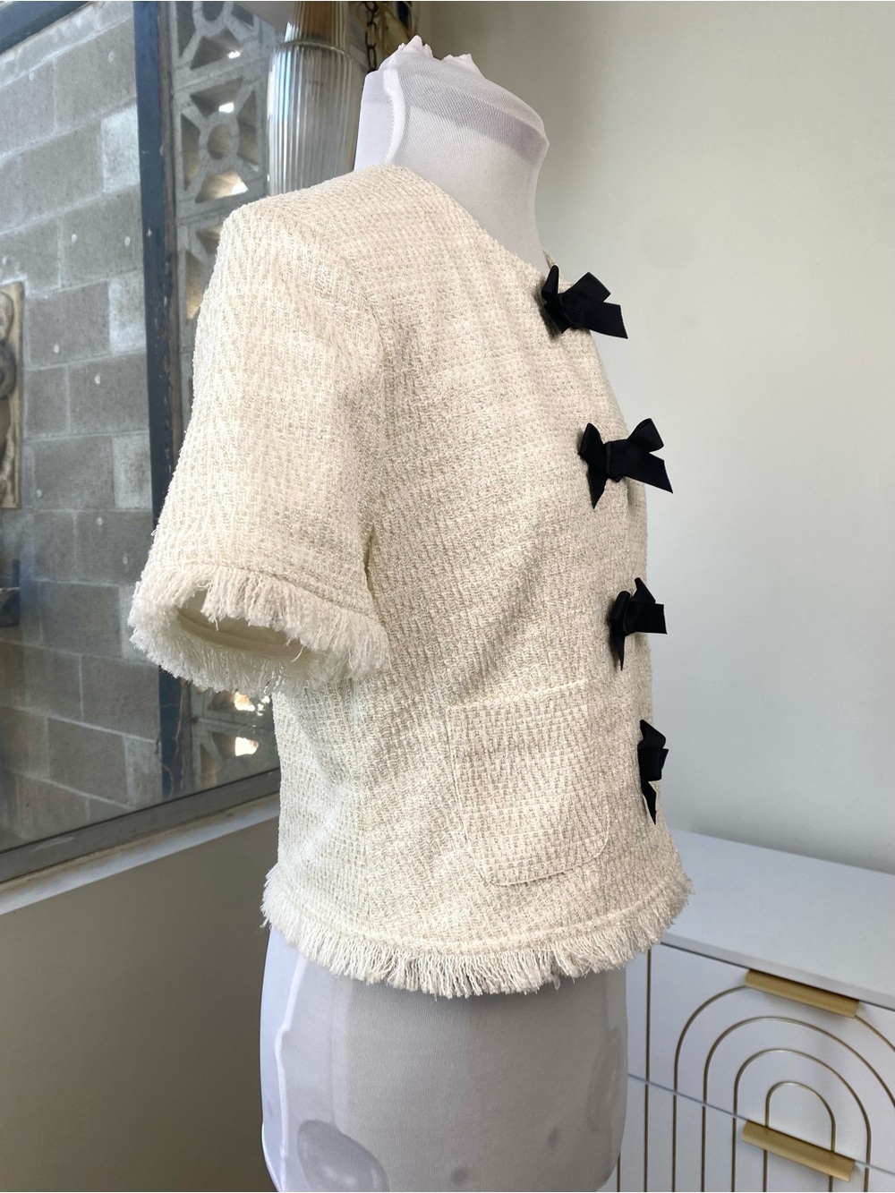 Dolan NWT Tweed Fringe Left Coast Ivory Gold Black Bow Cropped Jacket S - Picture 7 of 10